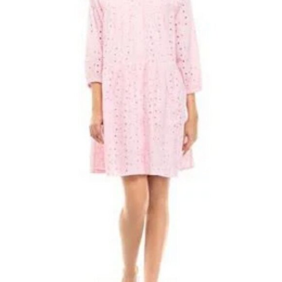 CROWN & IVY Pink Eyelet Tiered Baby Doll 3/4 Sleeve Dress Medium - Picture 5 of 16